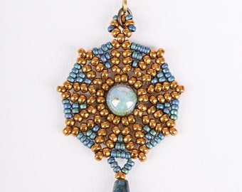 May include: Gold and blue beaded dangle earrings with a teardrop-shaped blue stone pendant.