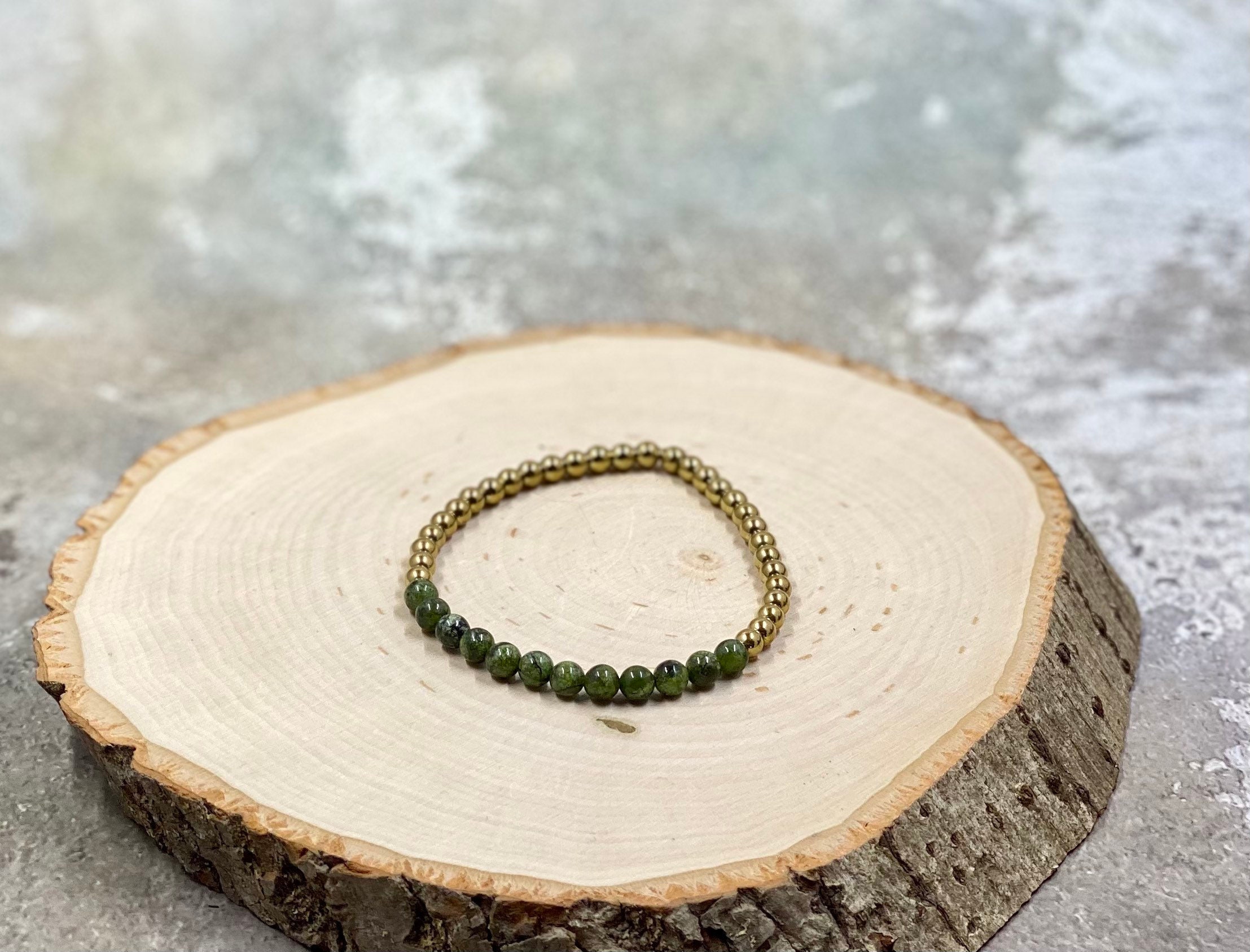 healing crystal bracelet natural gemstone jewelry Green Jade and gold gemstone stretch bracelet