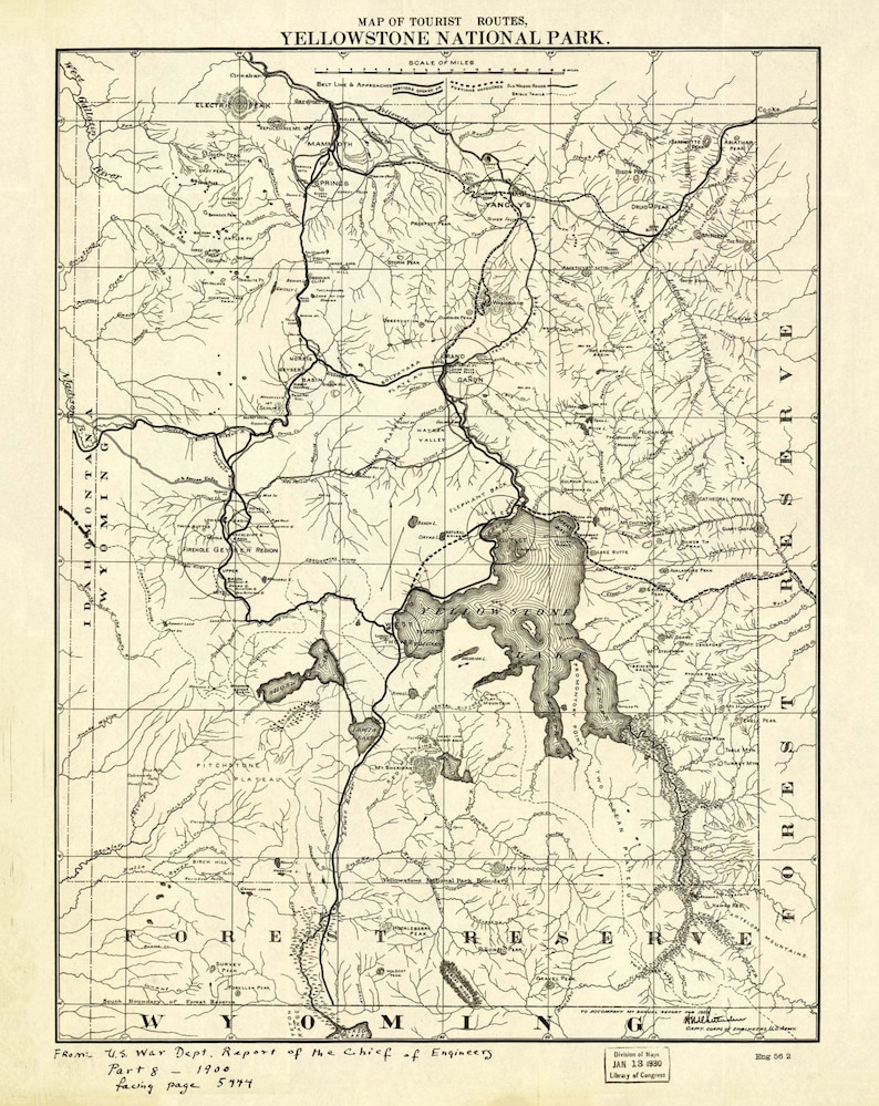 yellowstone national park map of tourist routes map print