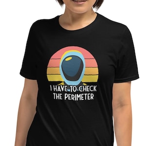 May include: Black t-shirt with a graphic of a space helmet inside a sunset design. The text "I HAVE TO CHECK THE PERIMETER" is below the graphic. The shirt is worn by a person.