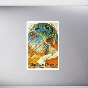 May include: A vintage poster for Sanctuary Moon, a band with the tagline "The Rise and Fall of..." The poster features a colorful illustration of a woman in a flowing dress with a crown, surrounded by other figures.