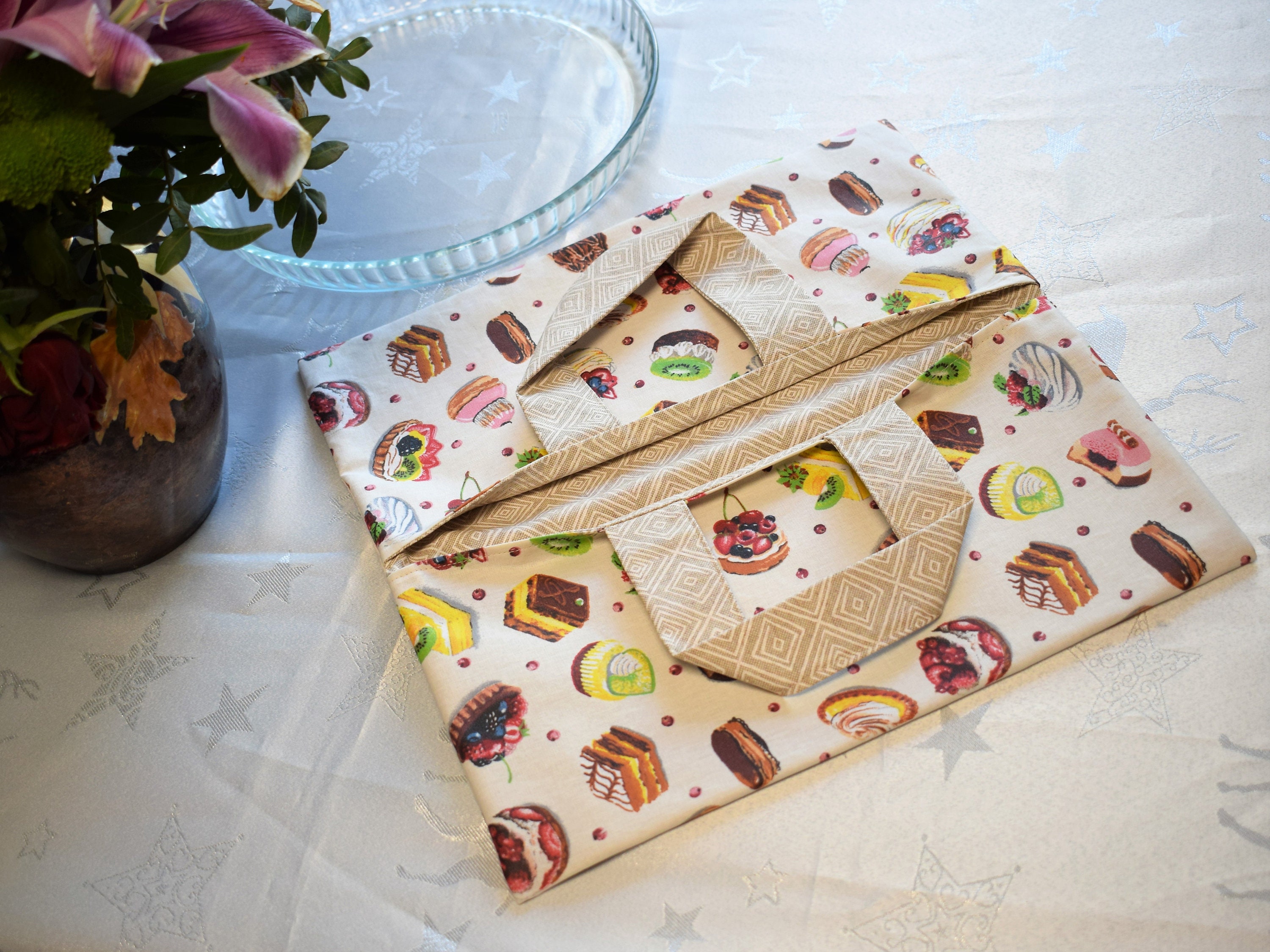 Sac à Tarte Réversible en Tissu Enduit Anti Taches. Cadeau Fête Des Mères