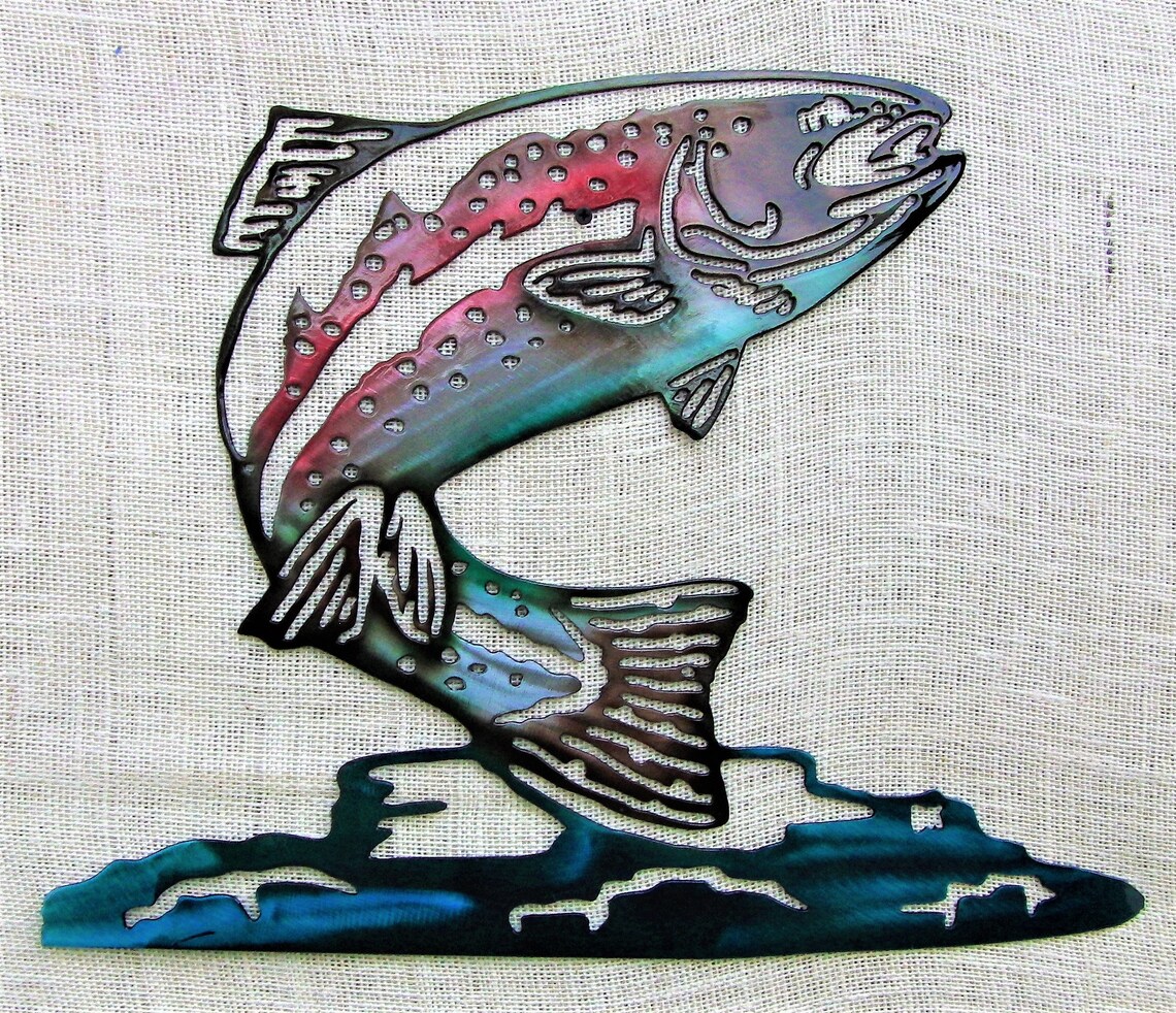 Trout Jumping Custom Painted Metal Wall Art Etsy