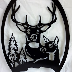 Mule deer buck and doe in oval cabin & home decor wall art