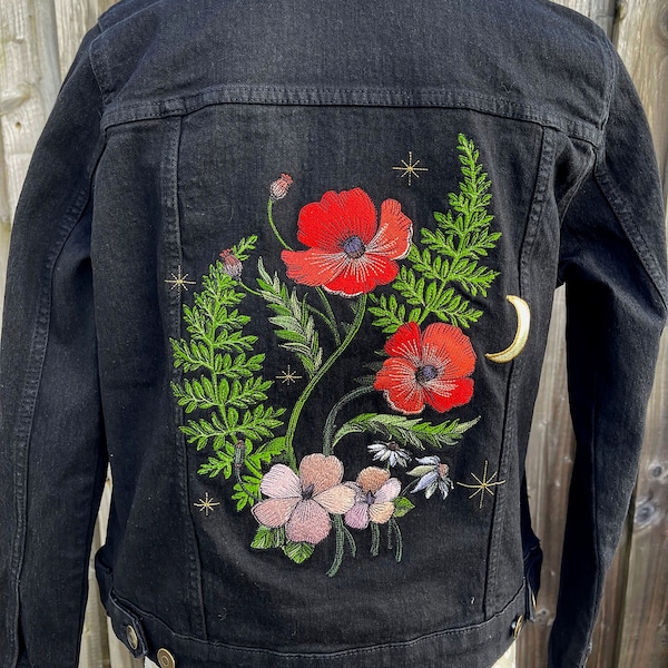 Poppy Flower Embroidered Jacket Poppies and Ferns Wedding Statement Bespoke Bridal Jacket Gothic Wedding