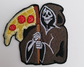 Death By Pizza Grim Reaper with Pizza Sythe Iron On Embroidery Patch
