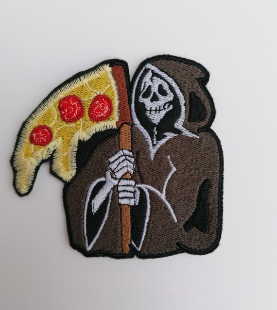 Death By Pizza Grim Reaper With Pizza Sythe Iron On Embroidery Etsy