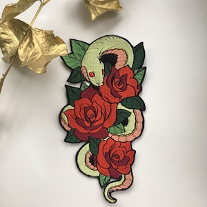 Green Snake on Rose Flowers Iron on Embroidered Patch Accessory