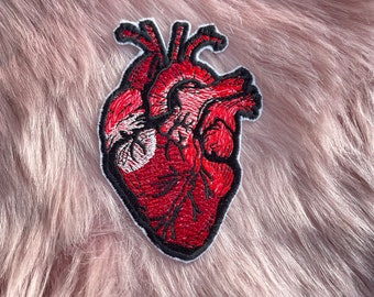Op de afbeelding: Rode geborduurde anatomische hartpatch. Het hart is gedetailleerd met aderen en slagaders.