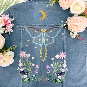 Embroidered Denim Jacket Featuring Luna Moth and Flower