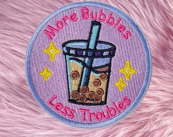 Écusson brodé thermocollant « Plus de bulles, moins de soucis » pour bubble tea