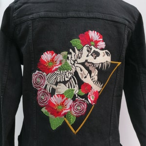 Bold Fierce Unique Skeleton T-Rex Tyrannosaurus Embroidered Denim Jacket