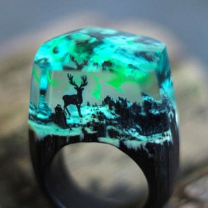 Northern light ring Deer ring Wood resin ring Polar Night wood rings epoxy ring magic landscape Glow ring unique designer ring for him