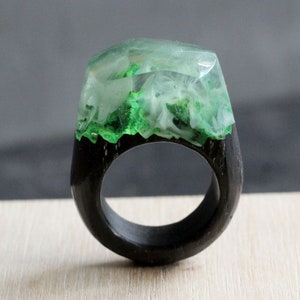 Green ring - Resin wood ring. Foggy forest. Secret world inside the ring. Wooden rings for women. Wood Resin jewelry. resin green jewelry