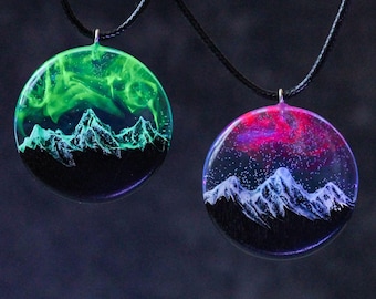 Matching Northern Lights and Mountain Pendants – Handmade Epoxy Resin Jewelry, Romantic Gift for Couples