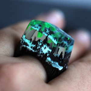 Northern light ring - Glow in the dark. Gift for Her. 5th Anniversary. Wood resin rings for women and men.