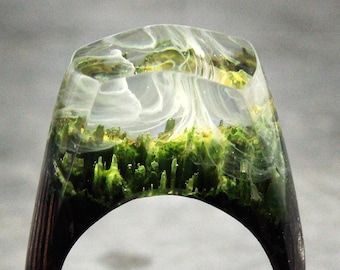 Forest ring - Wood resin ring. Secret world inside the ring. Wooden rings for women. Resin jewelry.