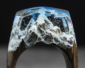 Snow Mountain ring - Wood resin ring. Winter landscape inside the ring. Wooden rings for women and men