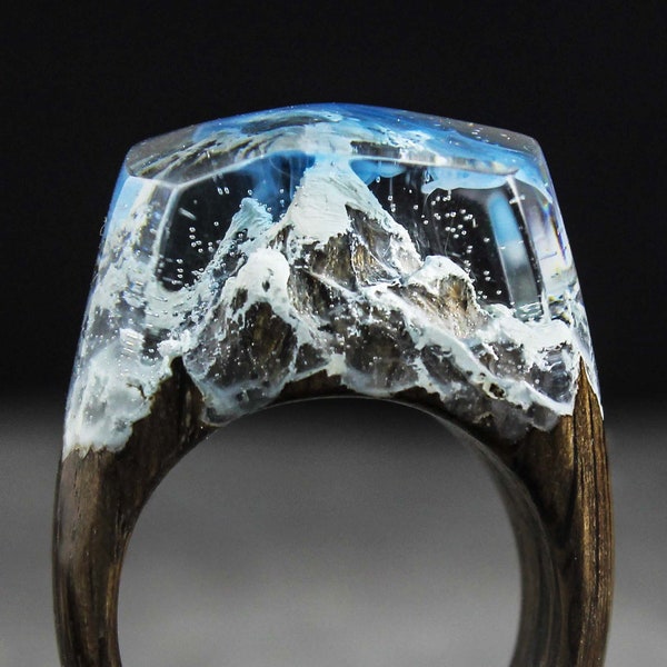 Bog Oak Wood Resin Ring: Snow Mountain Landscape Jewelry