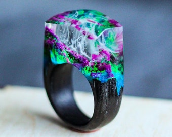 Forest ring - Wood resin ring. Secret world inside the ring. Wooden rings for women. Resin wood jewelry. anniversary gift. spring ring