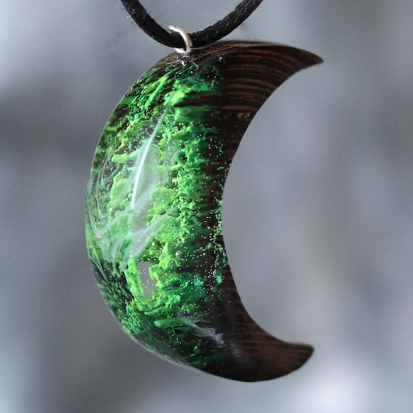 Wood Resin Moon Pendant: Green Forest Necklace, Handmade Jewelry
