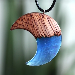 Wood resin necklace. Crescent moon pendant. Unique wooden jewelry