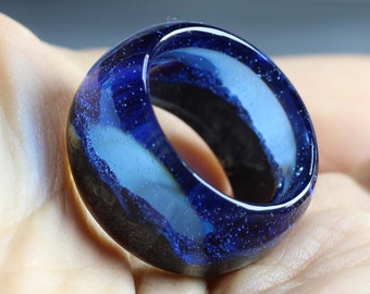 Handmade Maple Wood Resin Ring: Blue Landscape Jewelry