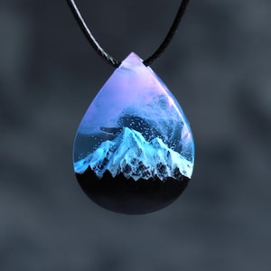 Mountain Pendant, Epoxy Wood Necklace Women Jewelry Northern Lights Pendant Glow in the Dark Gift for Her and Him