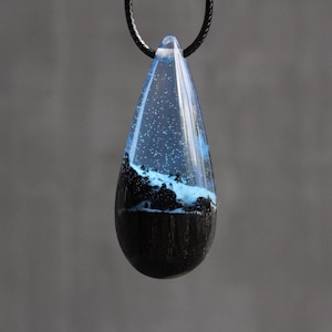 Water drop pendant necklace Wood drop pendant Blue pendant Glow necklace Wod Jewelry 5th Anniversary Gift for Her and Him Snow landscape