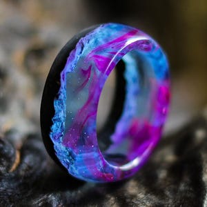 Wood resin ring Custom wood ring Unique wooden Ring Glow ring in the dark Wood resin ring magic tiny landscape Norway Lights ring