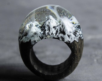 Snow Mountain Ring Wood Resin Secret World Inside the Ring