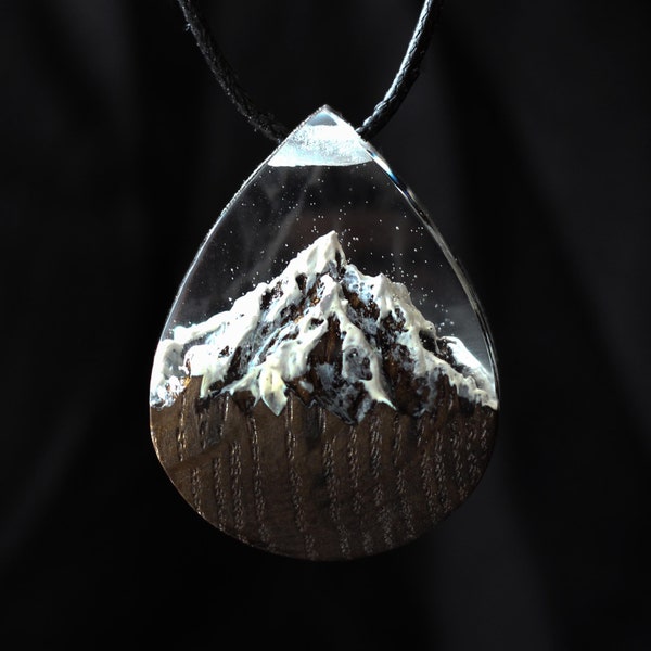 Bog Oak Wood Resin Snow Mountain Pendant: Nature Landscape Jewelry