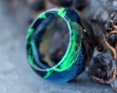 Wood resin ring Polar Night Green secret of wood rings magic tiny landscape Eco epoxy ring resin rings Northern Lights aurora borealis ring