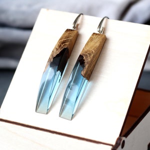 Wood Resin Earrings. Blue earrings. Wood Resin Jewelry. Dangle wood earrings. Blue resin earrings. gift for gf. large wood women's earrings