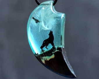 Howling Wolf Pendant: Bog Oak Wood Resin Necklace, Eagle Amulet