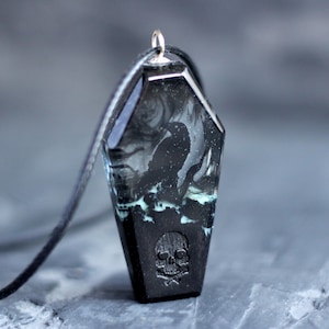 Gothic Raven Pendant – Wood Resin Epoxy Jewelry. Handmade Coffin Necklace with Skull Engraving & Black Mist - Dark Soul Jewerly