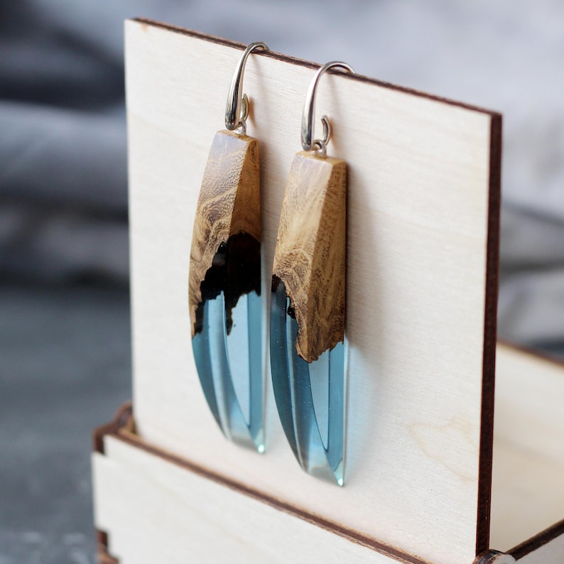 Wood Resin Earrings. Blue Earrings. Wood Resin Jewelry. Dangle Etsy