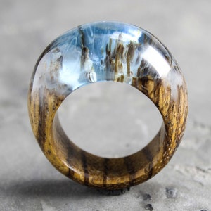 Resin wood ring - Snow forest . Secret world inside the ring. Wooden rings women and men. Resin epoxy jewelry. Birthday gift.
