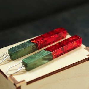 Long Stick Dangle Earrings – Red Wood Resin Earrings – Handmade Natural Jewelry – Bold Epoxy Statement Gift for Her - 5th Anniversary