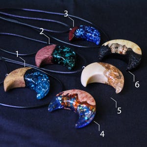 Wood Resin Crescent Moon Pendant - Handmade Jewelry, Gift for Her & Him