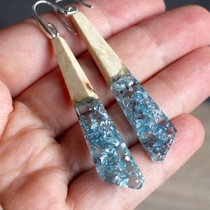 Blue Earrings, Wood Resin Earrings, Dangle Earrings, Wood Resin Jewelry, Gift for her, Geometric Earrings, Crystal-shaped earrings