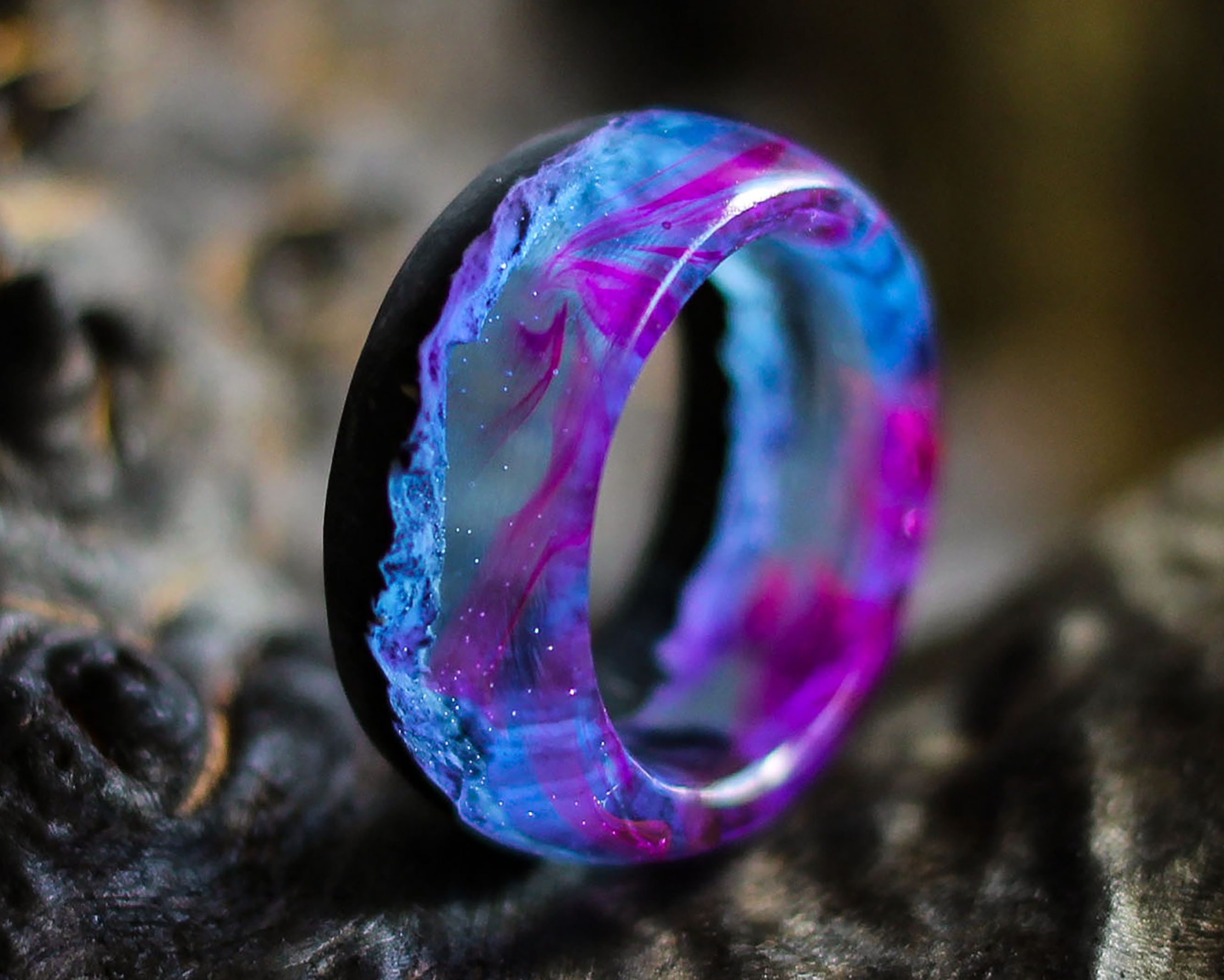Wood Green Resin Ring glow Handmade Jewelry Polar Night Wooden Craft Rings  With Magic Tiny Landscape Epoxy Resin Ring Gift for Her Him 