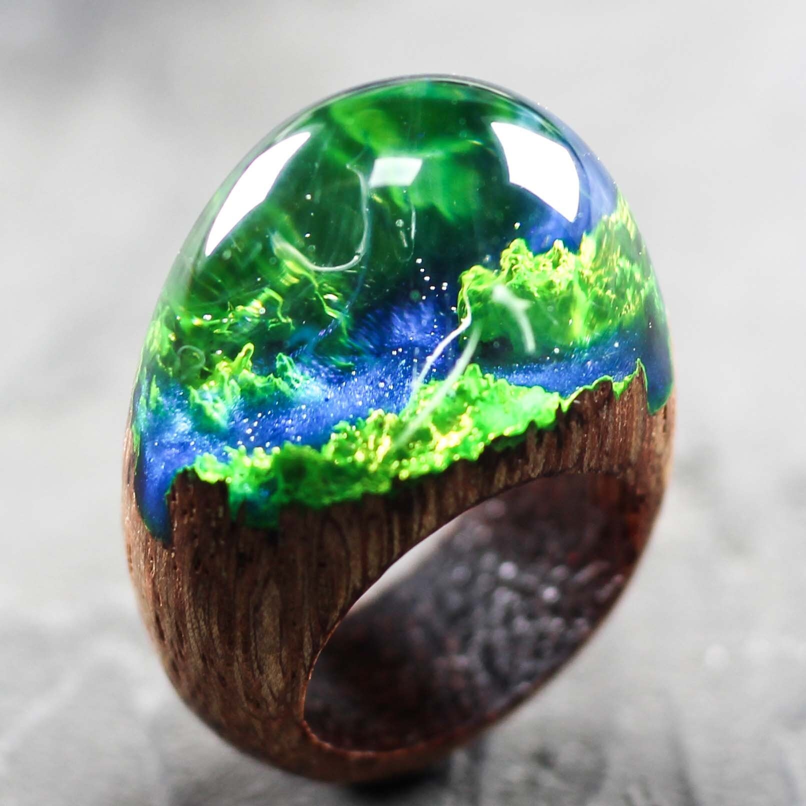 Green forest ring Wood resin ring Forest river ring Secret Etsy