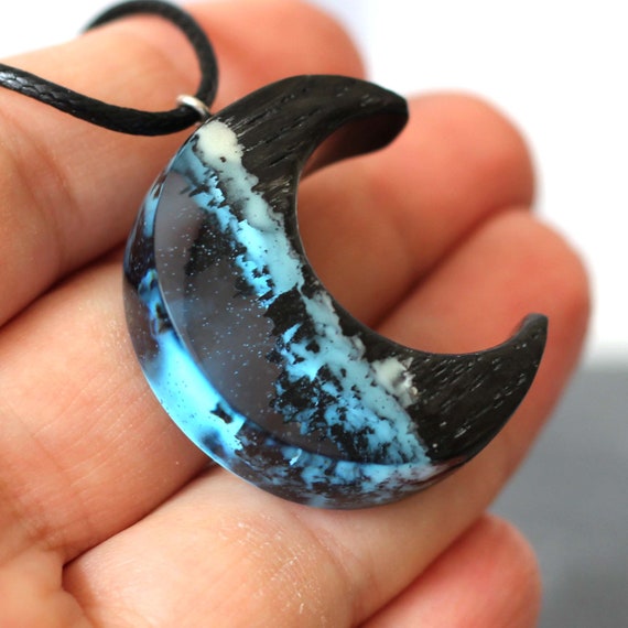 Wood Resin Crescent Necklace: Snow Forest Moon Pendant, Glow in the Dark