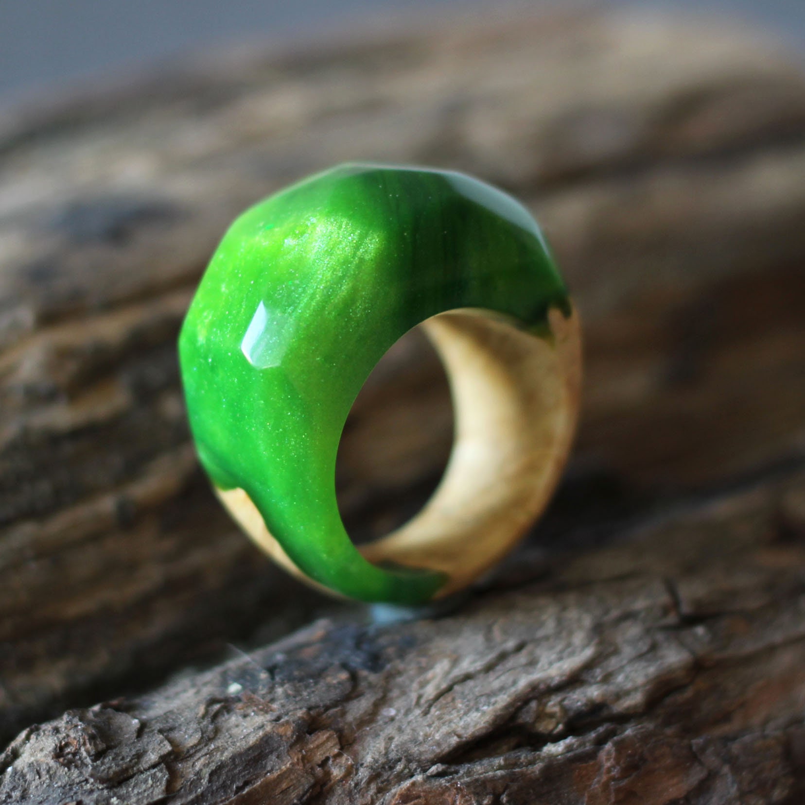 6 SIZE Resin Wood Ring Green Ring Unique Designer Ring Epoxy Etsy
