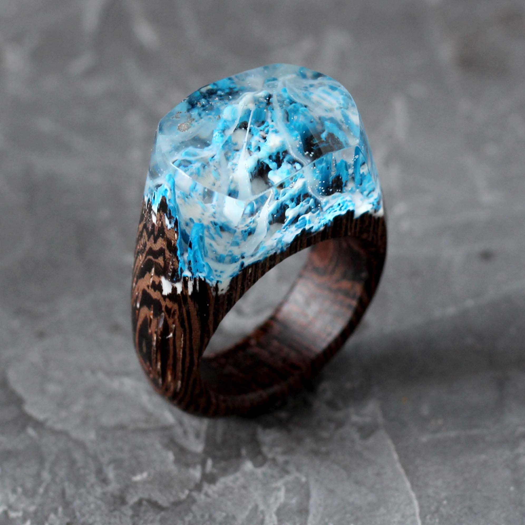 NDJEWELRY Resin Ring Wood Band Romantic Forest Secret World Mountain  Landscape insided Statement Ring Unique Handmade Gift for Her Size 6.5