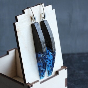 Blue earrings. Wood Resin Earrings. Oak Jewelry. Dangle wood earrings. Blue resin earrings. Gift For Her Geometric Earrings. Wooden Jewelry