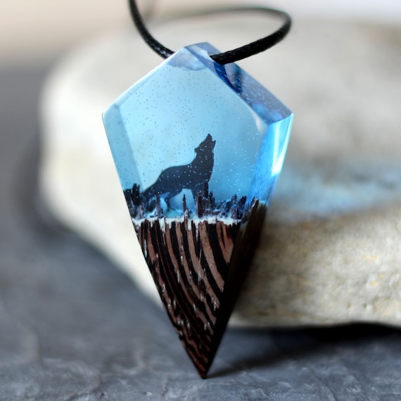 Wood Necklace Wolf Necklace Glow Pendant Blue Epoxy Wood Necklace Magic Landscape Unique Designer Necklace Wooden Pendant for Women and Men Etsy