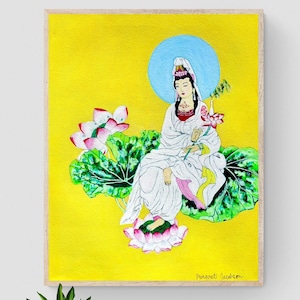Quan Yin Goddess of Mercy and Compassion sitting with lotus flowers 11&quot; x14&quot; Giclee Print on Fine Art Paper