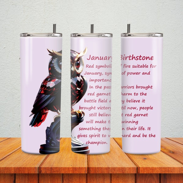 Red garnet owl the birthstone of January,  instant sublimation design file download for 20 oz skinny tumbler wrap, PNG 300 dpi easy resize.